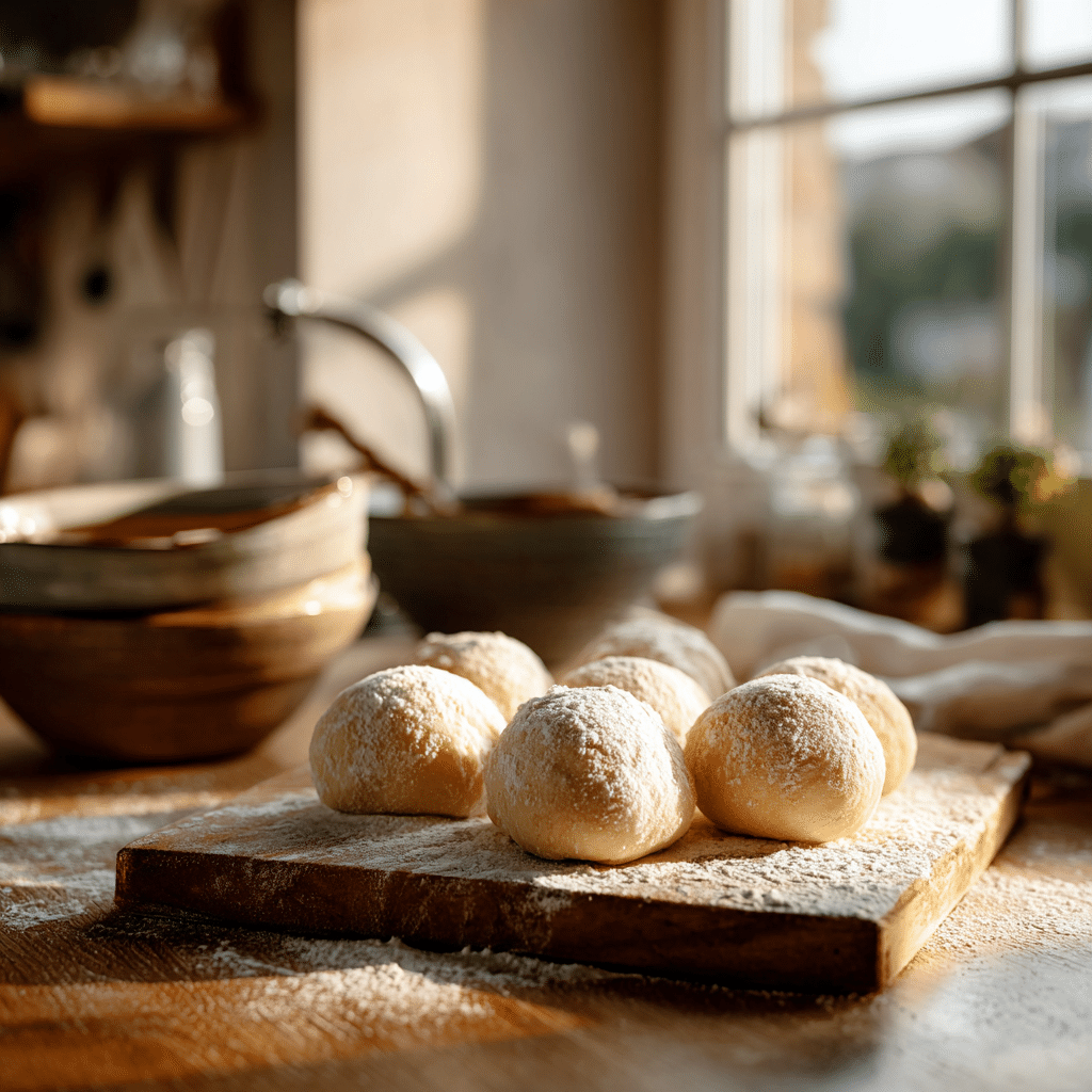 amaranth flour dough balls resting in a bright kitchen