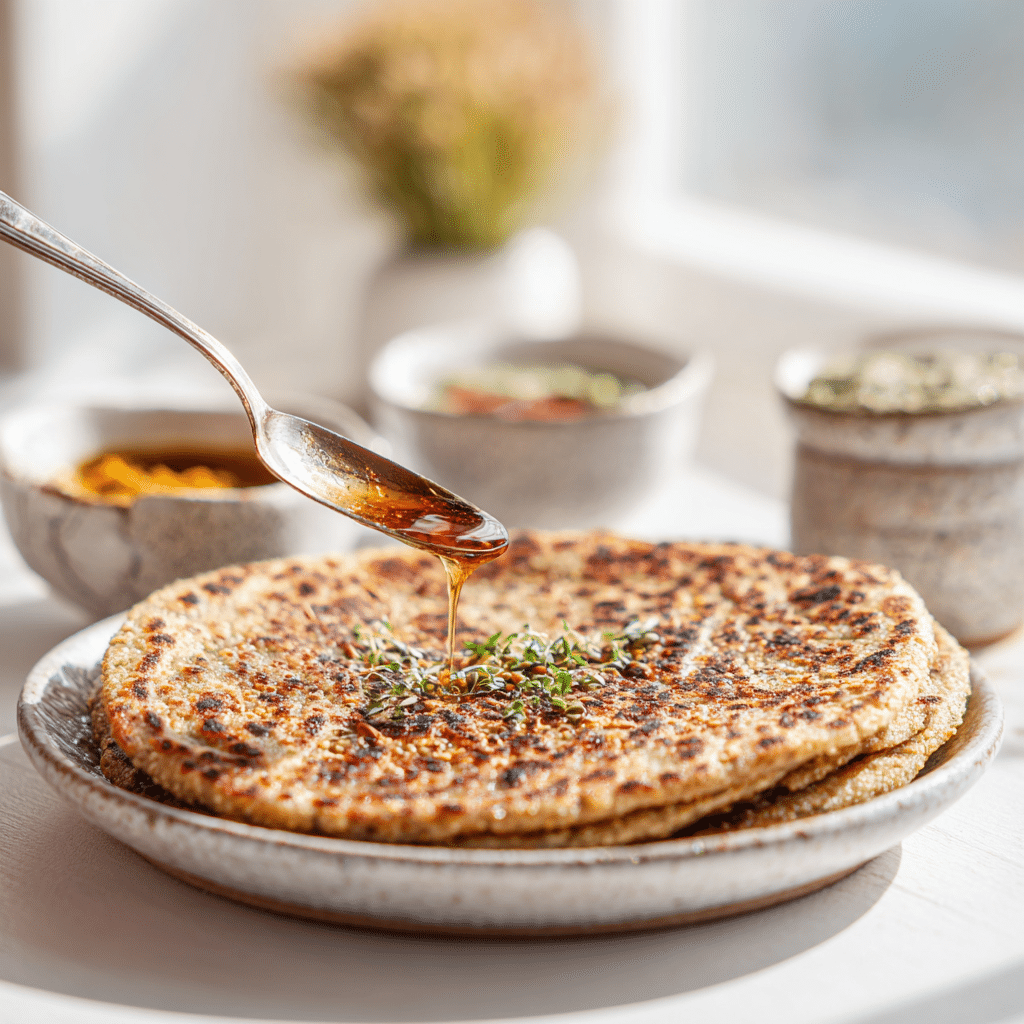 amaranth flour paranthas on white kitchen counter