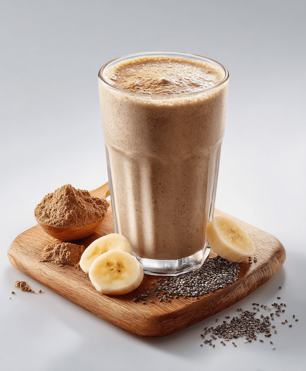 Coffee Flavored Protein Shake: The Energizing, Protein-Packed Boost You’ll Love 2 Coffee flavored protein shake in a clear glass on a white background with banana and protein powder