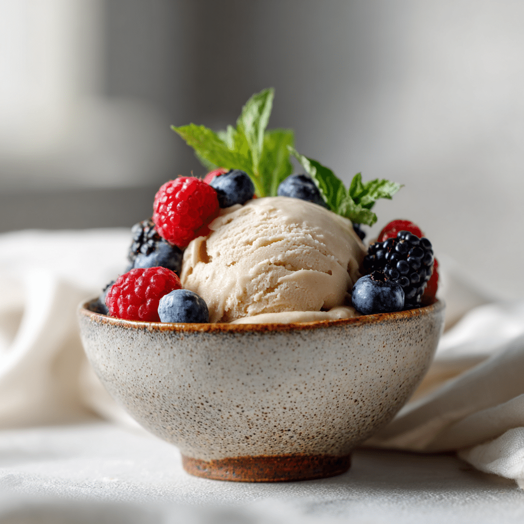 Creamy vegan protein ice cream served in a ceramic bowl with fresh berries