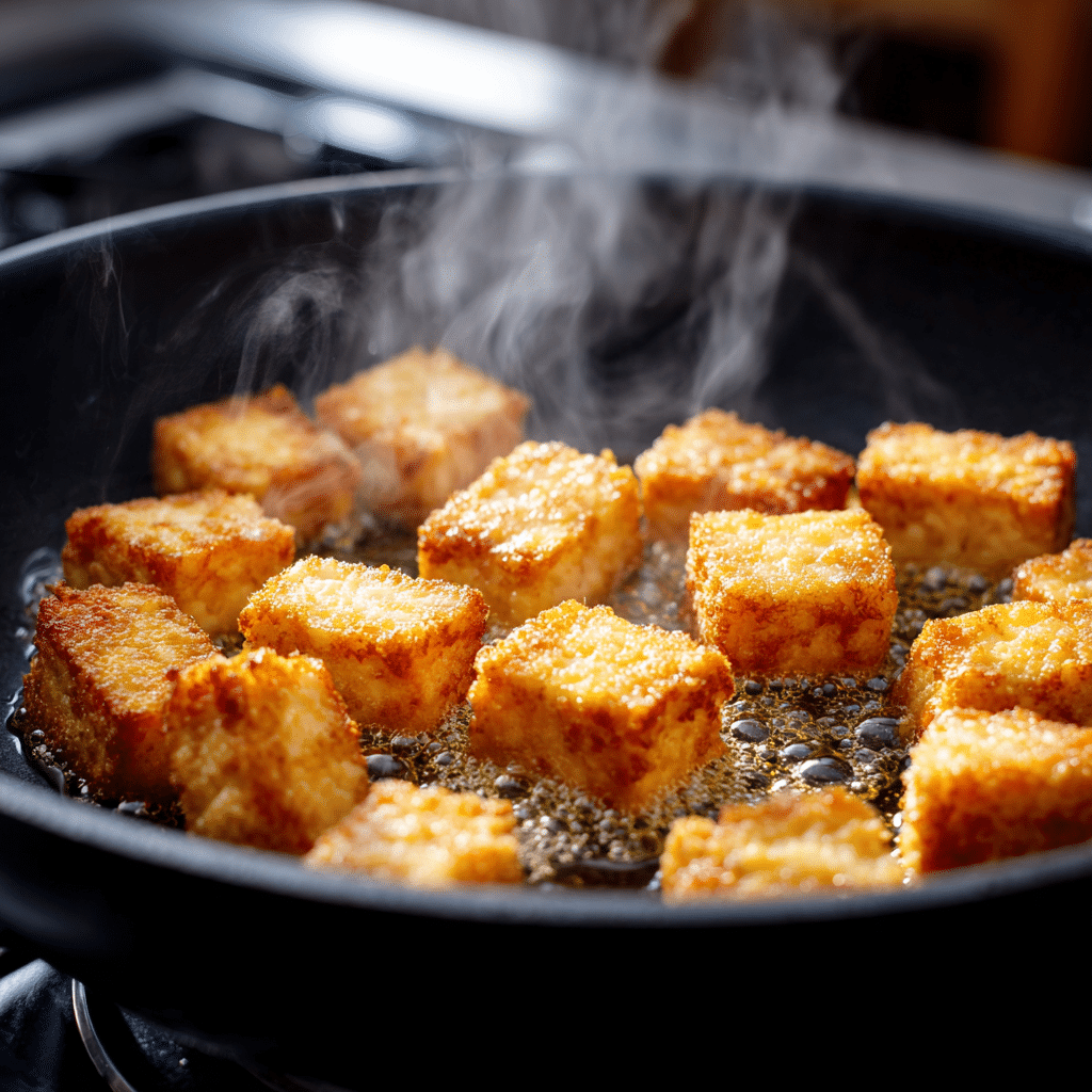 Crispy tofu cooking in a skillet