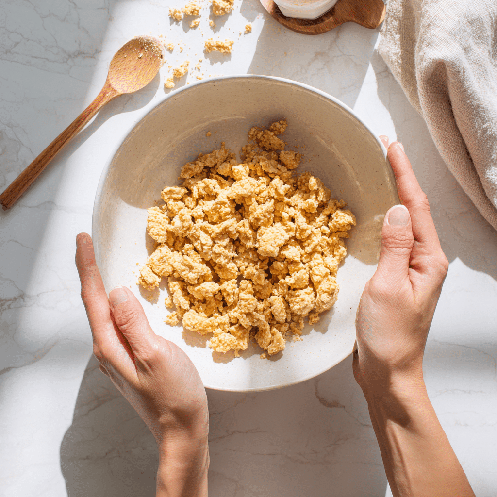 Crumbling golden tempeh into a white bowl