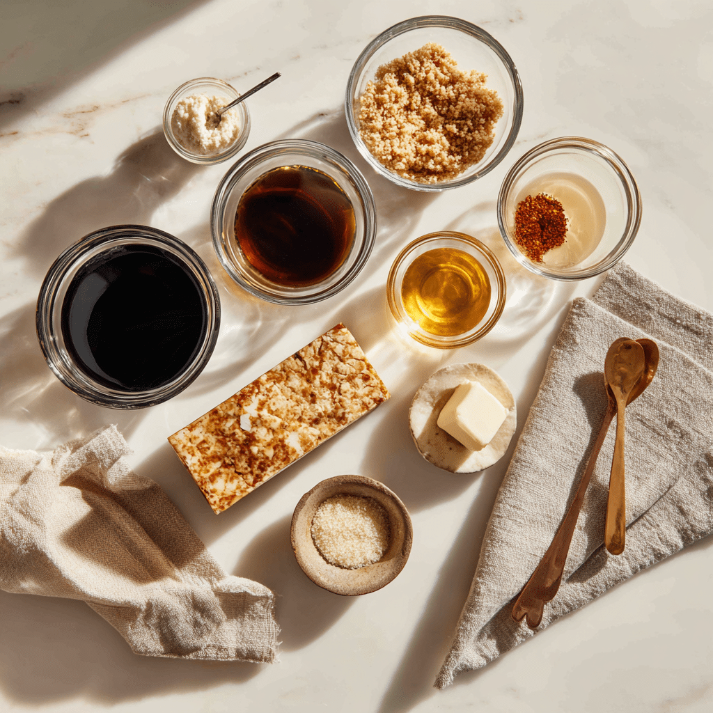 Crumble tempeh ingredients styled on marble counter