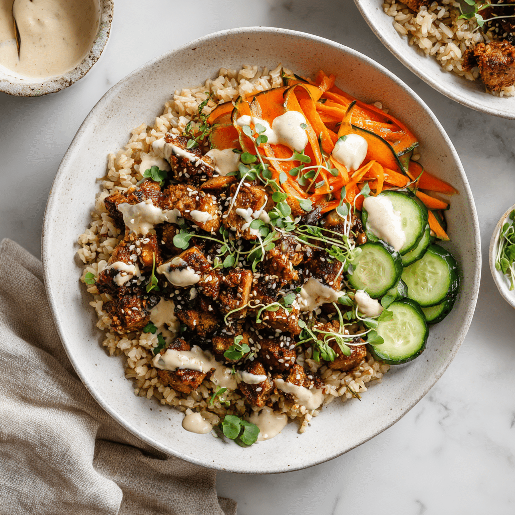 Vegan crumble tempeh bowl with brown rice and tahini drizzle