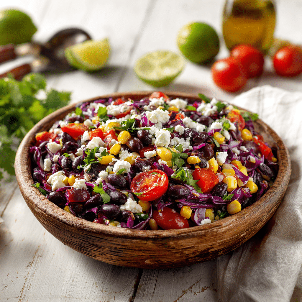 Dense bean salad in ceramic bowl on rustic table