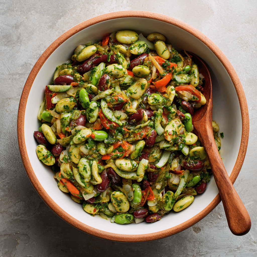  Dense bean salad being mixed in a large bowl