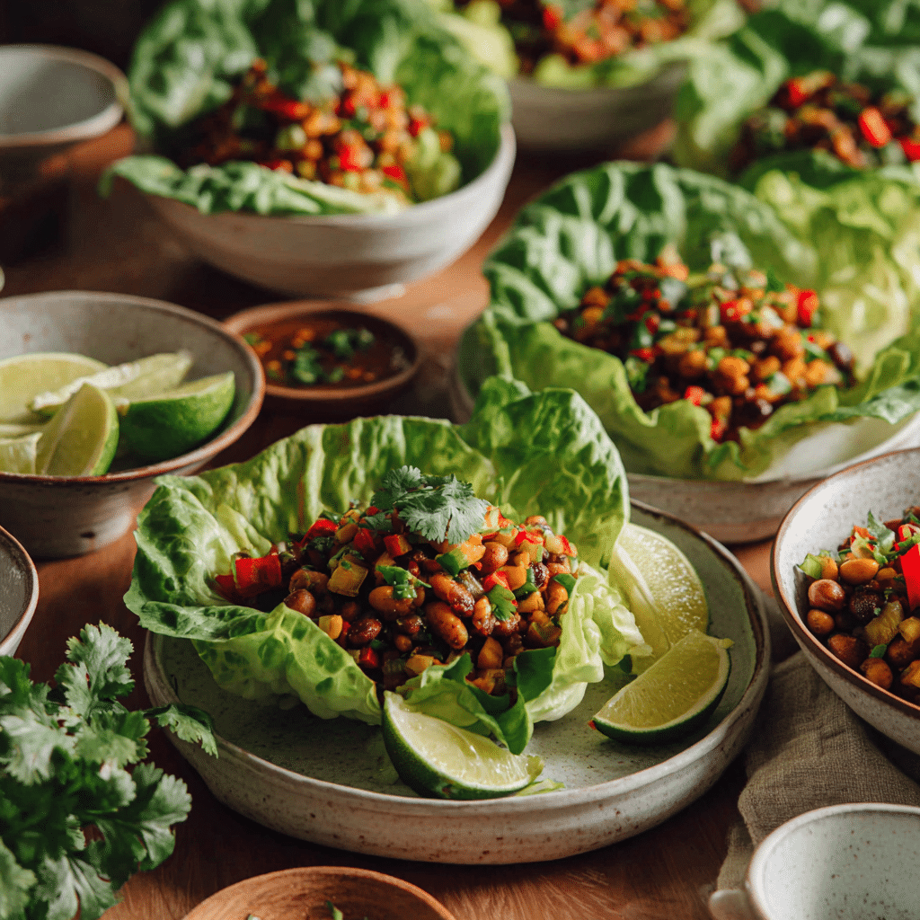  Dense bean salad served in lettuce cups and bowls