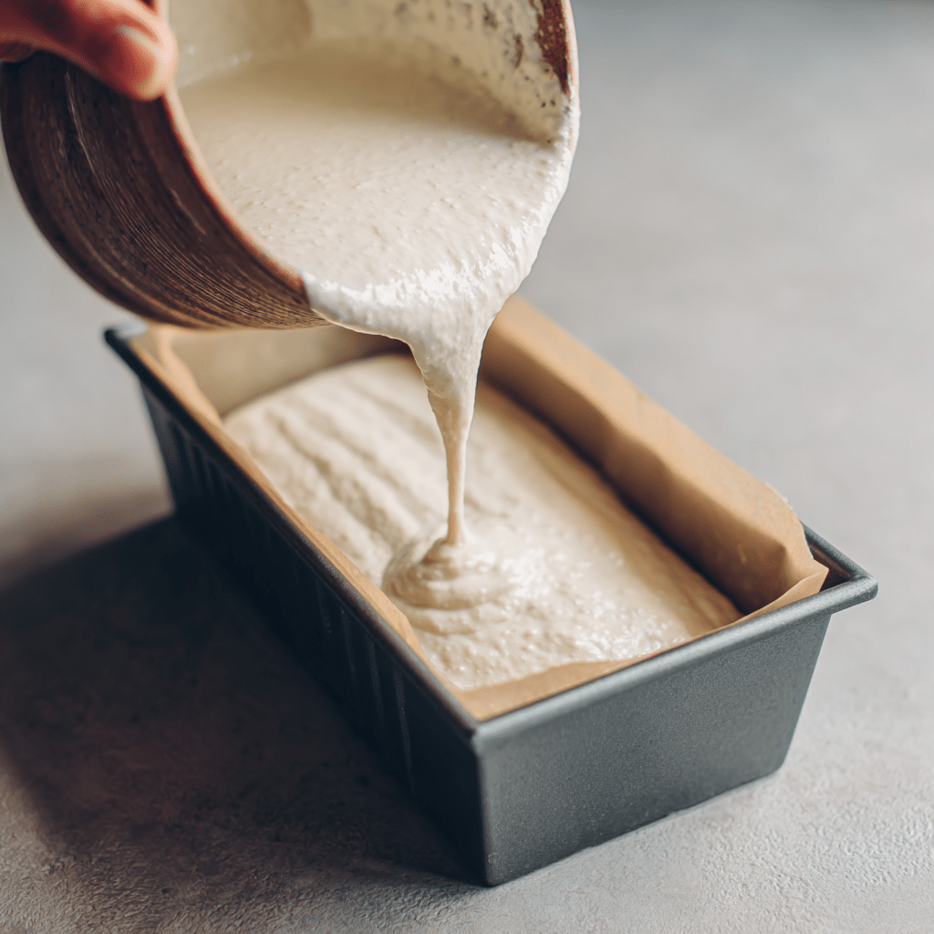 Vegan protein ice cream base poured into a loaf pan for freezing