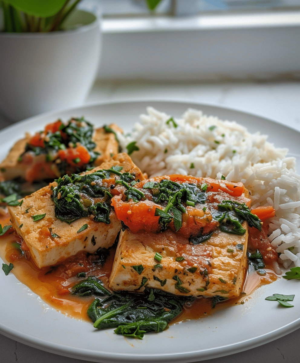 High protein vegan meal prep with tofu, spinach, and rice