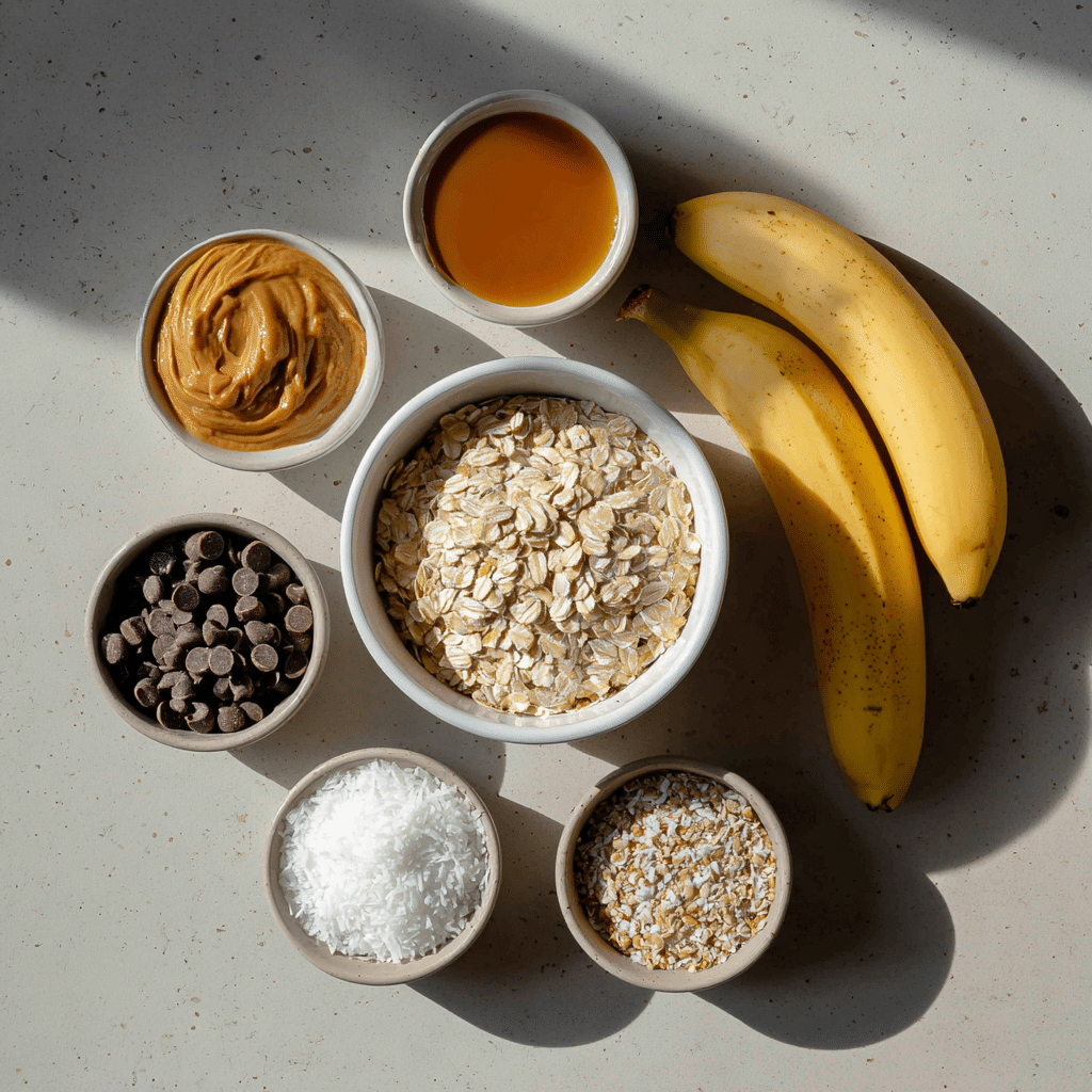 Banana Peanut Butter Protein Balls: A High-Protein, Healthy Snack for Energy and Vitality 4 Ingredients for banana peanut butter protein balls: oats, peanut butter, banana, flaxseed, and coconut