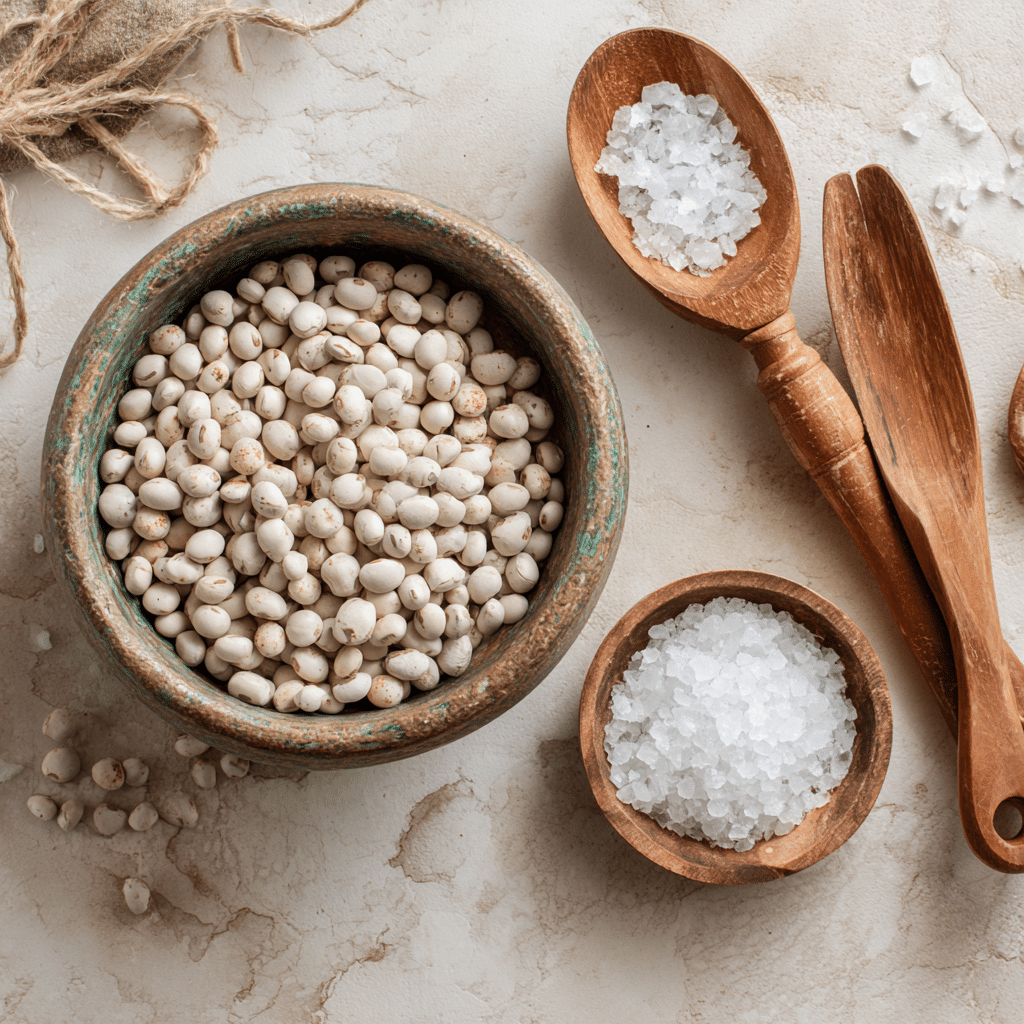  Dried lupini beans, salt, and water ingredients for vegan recipe