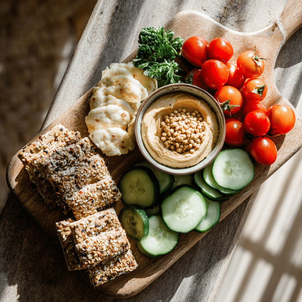  Lupin beans served with vegetables and hummus on a snack board