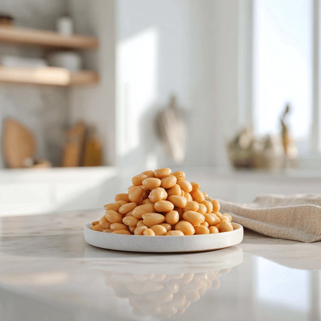 Lupin bean vegan snack in a rustic glass jar on a wooden table