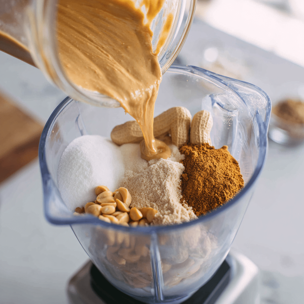 Peanut Butter Protein Shake (No Banana): A Simple High-Protein Shake For Healthy Living 5 Adding ingredients to the blender for Peanut Butter Protein Shake No Banana