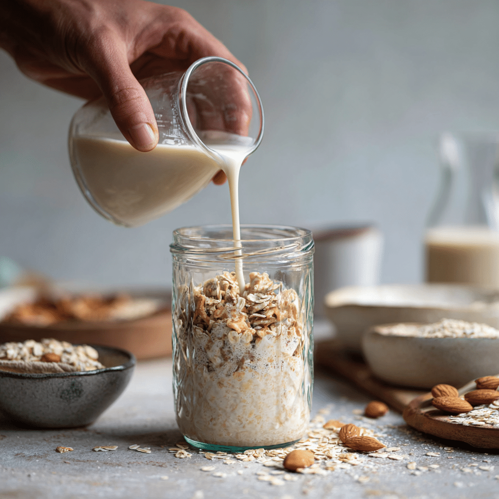 Vegan Overnight Oats Protein – The Ultimate Quick Breakfast Fix 6 Pouring almond milk into overnight oats