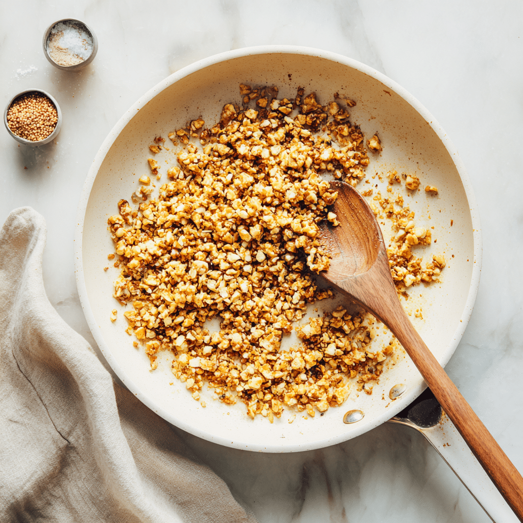 Cooking crumble tempeh in a white ceramic skillet with garlic and ginger
