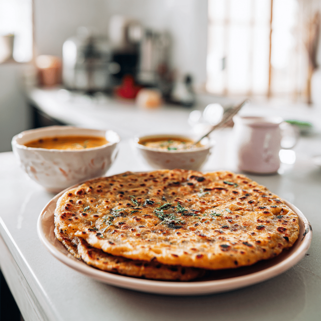 served warm amaranth paranthas