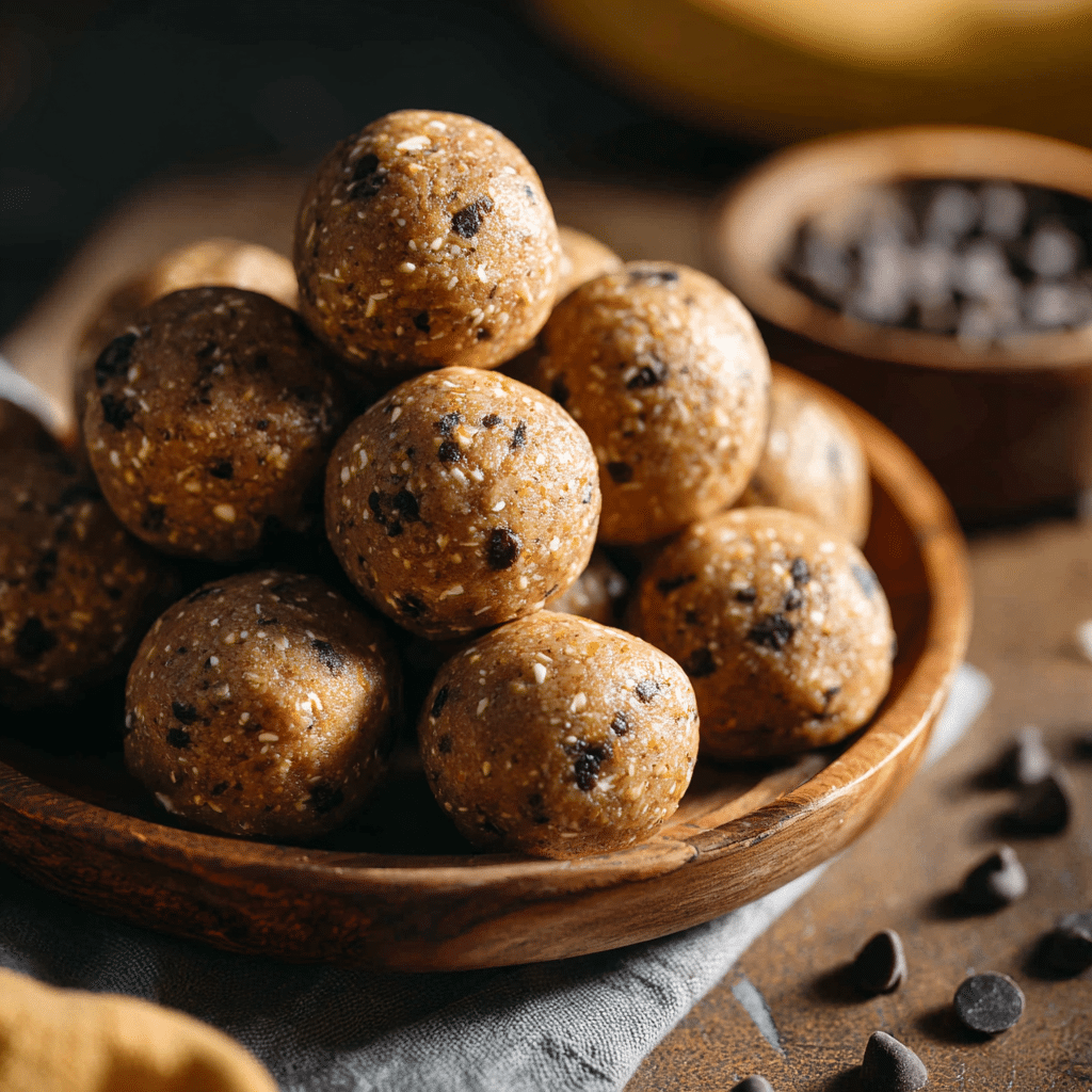 Serving plate of banana peanut butter protein balls with fresh fruit.