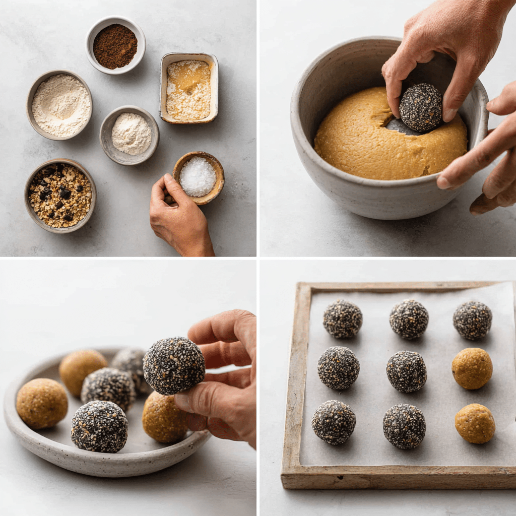 Banana Peanut Butter Protein Balls: A High-Protein, Healthy Snack for Energy and Vitality 5 Serving plate of banana peanut butter protein balls with fresh fruit