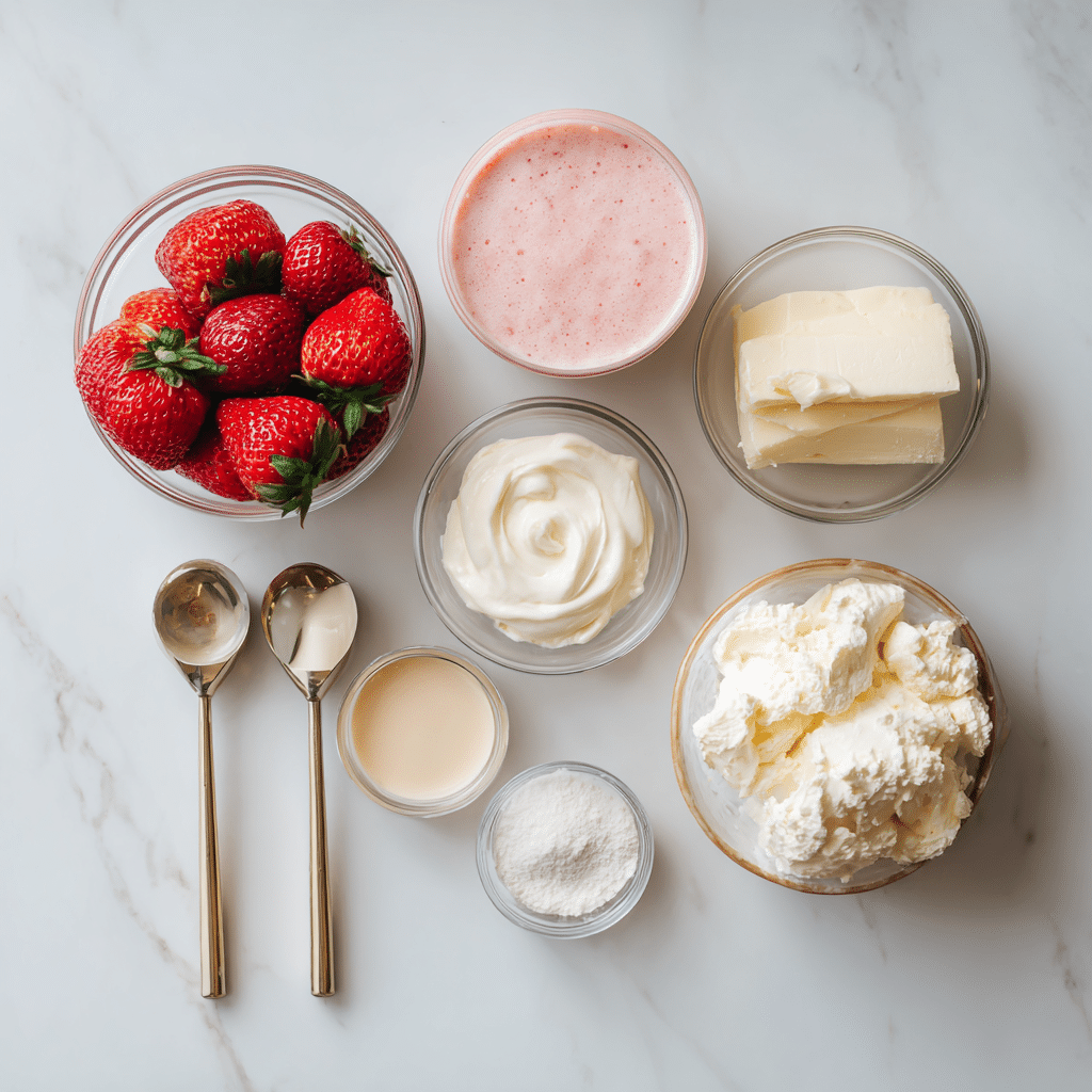 Flat lay of strawberry cheesecake protein ingredients on white counter