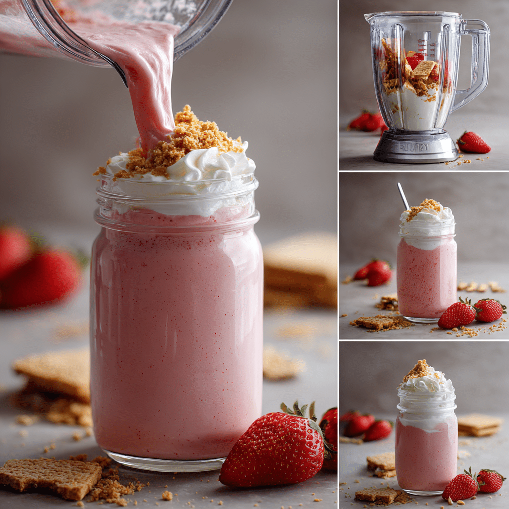 Steps to make strawberry cheesecake protein shake with blender and final pour