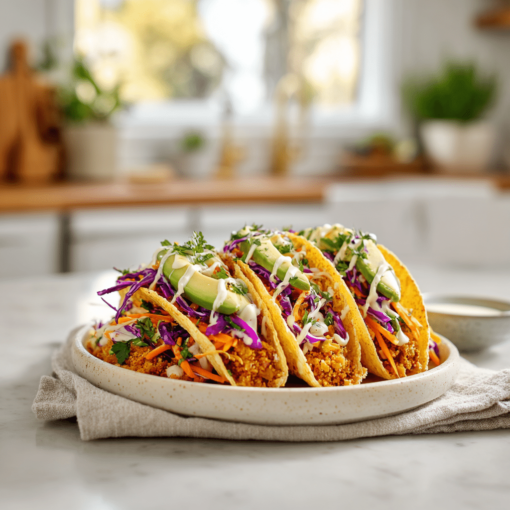 Stack of vegan crumble tempeh tacos on white ceramic plate