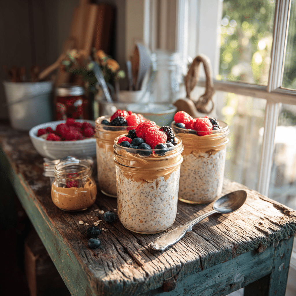 Vegan Overnight Oats Protein – The Ultimate Quick Breakfast Fix 2 Vegan overnight oats protein in glass jars with toppings
