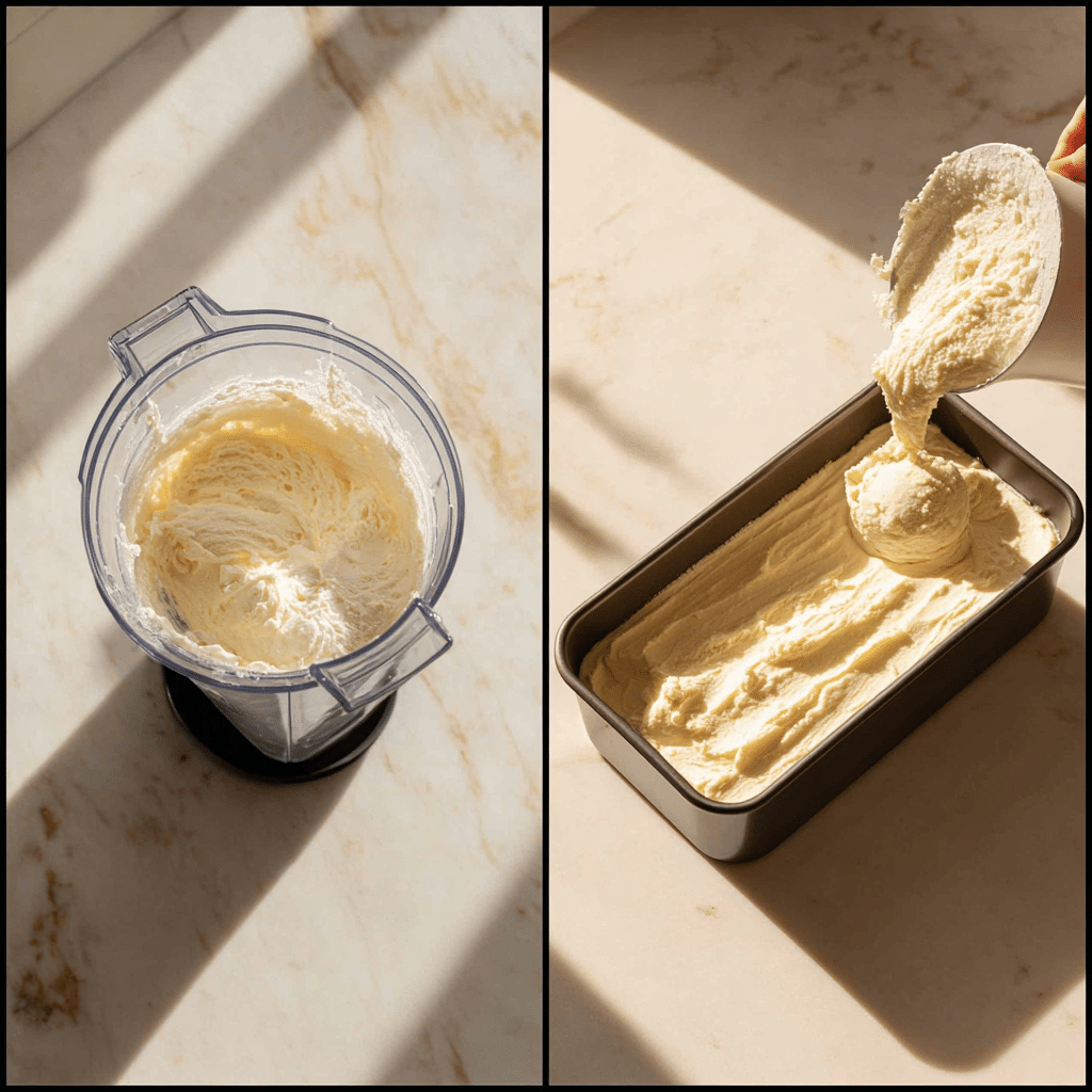 Blending coconut mixture and pouring vegan protein ice cream base into loaf pan