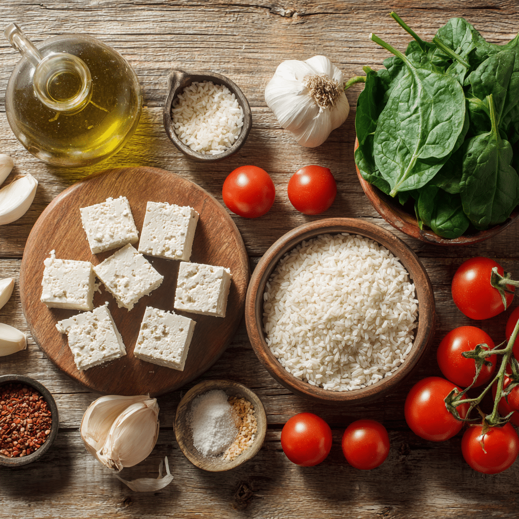 Vegan meal prep ingredients with tofu, tomatoes, and spinach