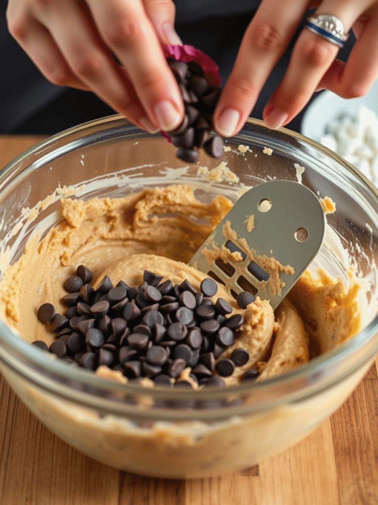 Folding chocolate chips into chickpea cookie dough